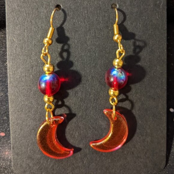 Pearlescent Red Glass Crescent Moon Earrings - Picture 2 of 6